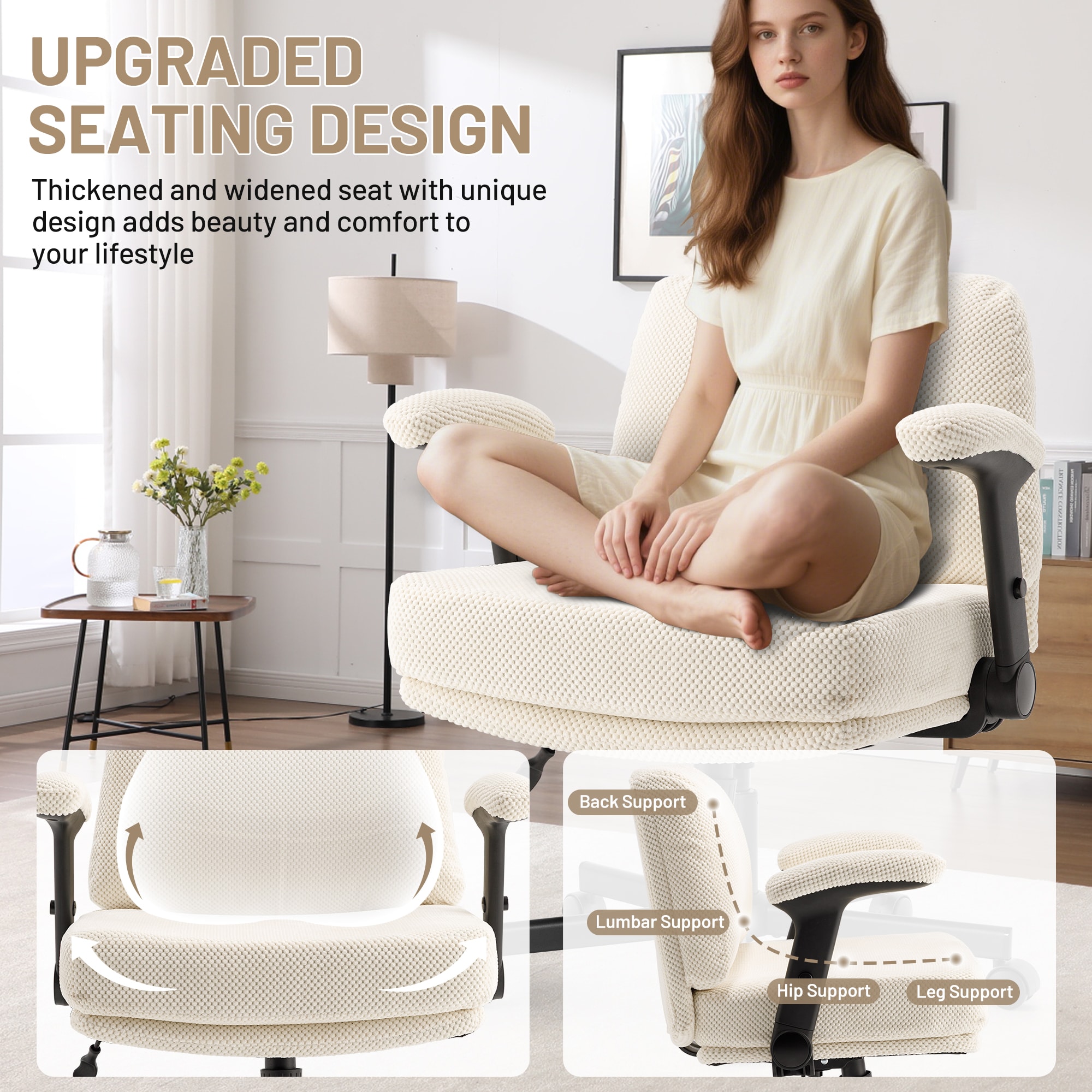 Criss Cross Chair With Wheels And Flip Arms- Comfy Fabric Cross Legged Office Chair With Thick Cushion&Wide Seat, Adjustable Swivel Desk Chair For Home Office, Apartment, Bedroom_voghion.com